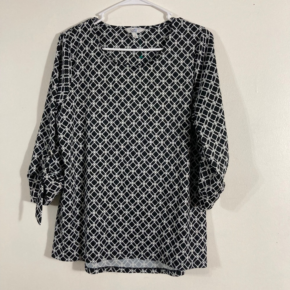Croft & Barrow Geometric Print Top Womens Small Black White 3/4 Tie Sleeve
